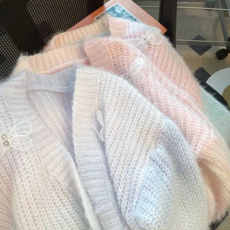 Cute New Korean Chic Spring Fall Women Rainbow Cardigan V Neck Pink Blue Purple Pastel Sweater Butterfly Soft Knitted OuterwearT251101
