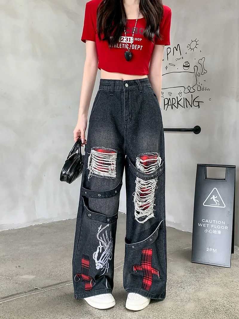 American Retro Heavy Industry Hollow Hole Jeans Women Street Design Loose Straight Wideleg Pants High Waist Slim Mopping Jeans J251031
