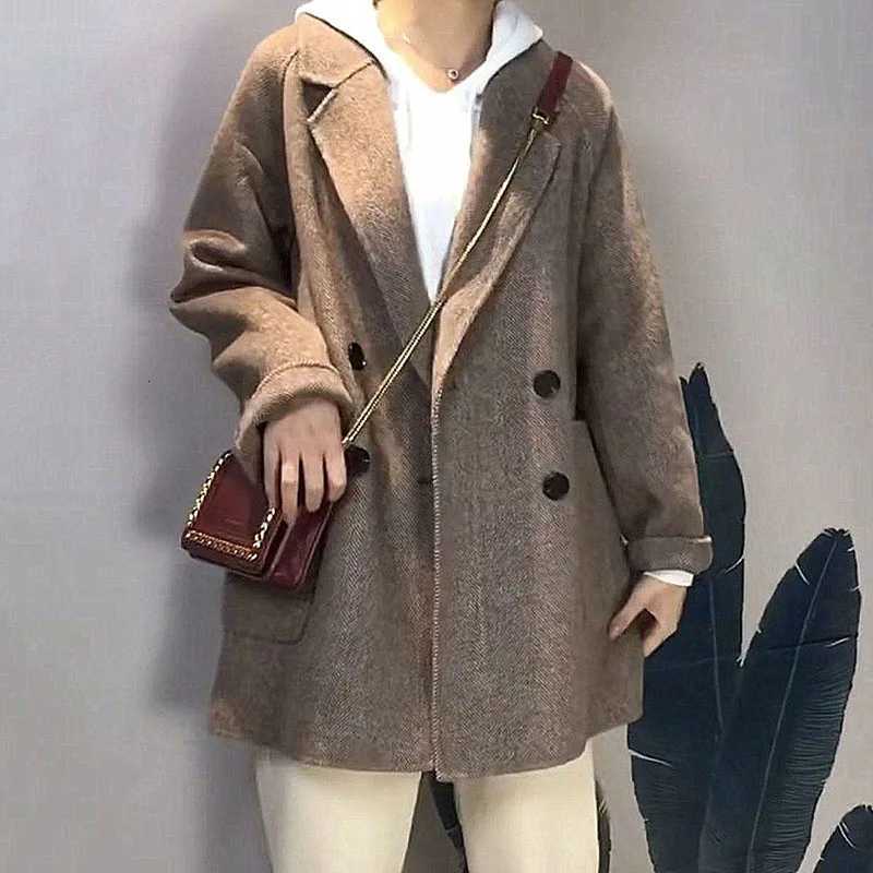 Womens Herringbone Pattern Woolen Jacket Imitation Cashmere Blazer Korean Loose Thick Coat Spring Autumn Winter NewT251101