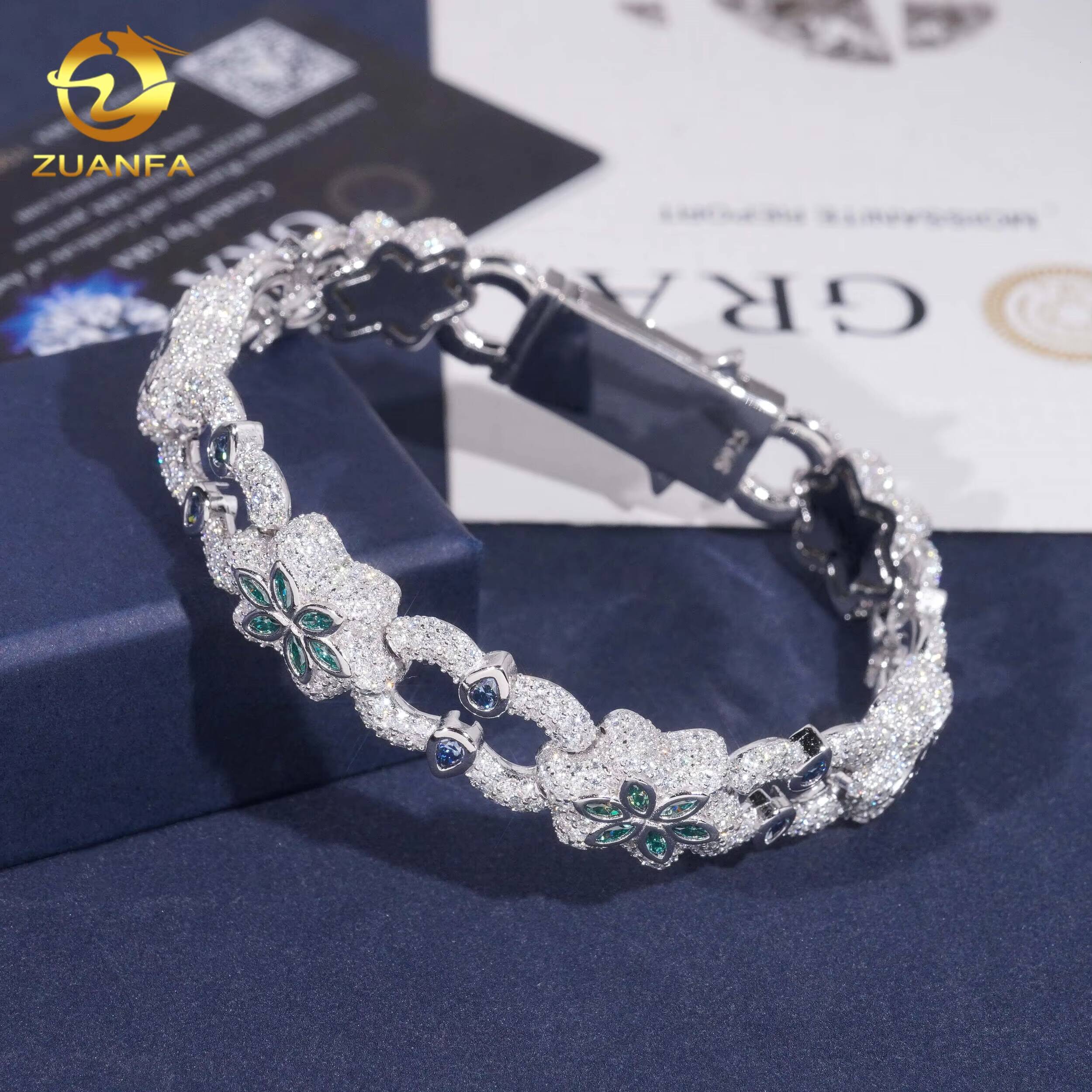 Big Lock Royal Blue Hip Hop Jewelry Moissanite Cuban Bracelet 925 Silver Rapper Jewelry Moissanite Bracelet