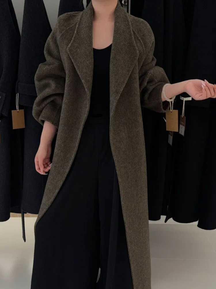ZMEENNA Long Wool Blend Coat For Women With Oversized Lapels And Tie Belt Stylish And Elegant Winter Outerwear ZM4032T251101