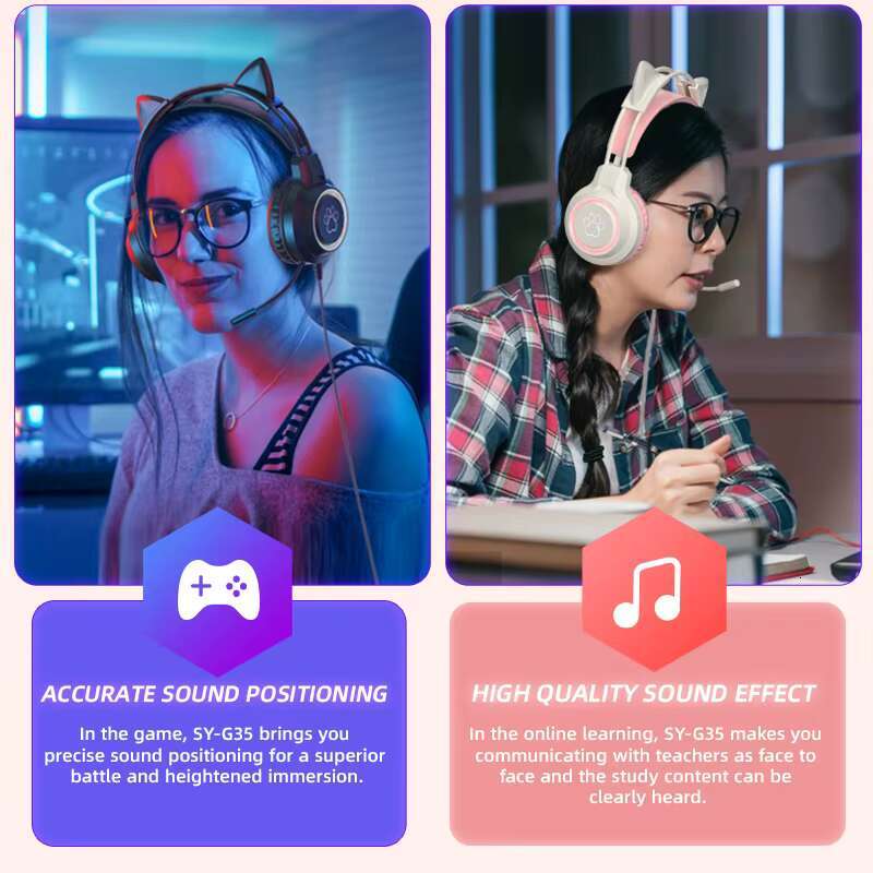 Shuoyin SY-G35 aron Wired 3.5 mm Cat Led Gaming Headset Headphones Over Ear with Microphone Wire for Girls PS4 PS5 Games