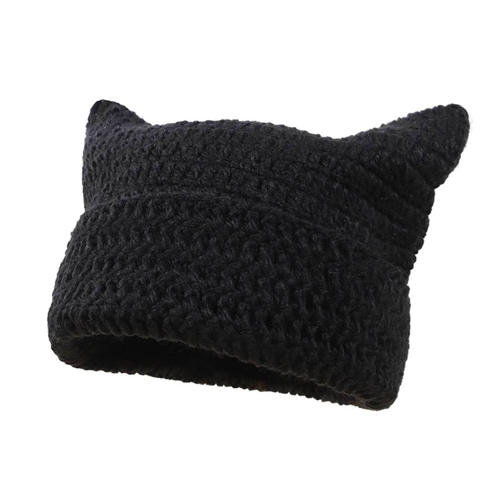 Winter Solid Korean Punk Gothic Y2k Wool Knitted Skullcap Cute Cat Ears Beanie Hats For Women Handmade Crochet PullOver HatXJ251101