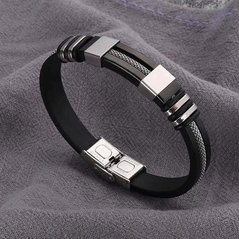 Fashion stainless steel bracelet mens wristband black groove Rudder silicone mesh buckle inserted punk wristband casual bracelet Y250329