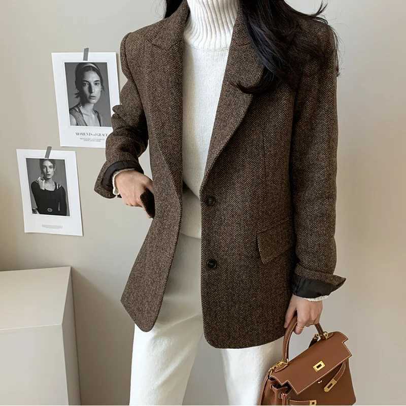 Wool Women Coats Jackets Blends Turn Down Collar Coat Thick Warm Y2k Streetwear Jacket Work Outerwear Slim Fit Autumn WinterT251101