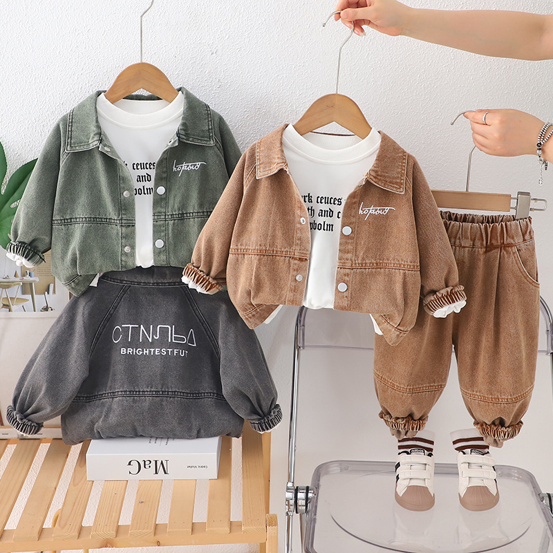 2025 Boys Denim Jacket Set 3-Piece Outfit with Letter Print Trendy Spring Fall Clothes for Kids