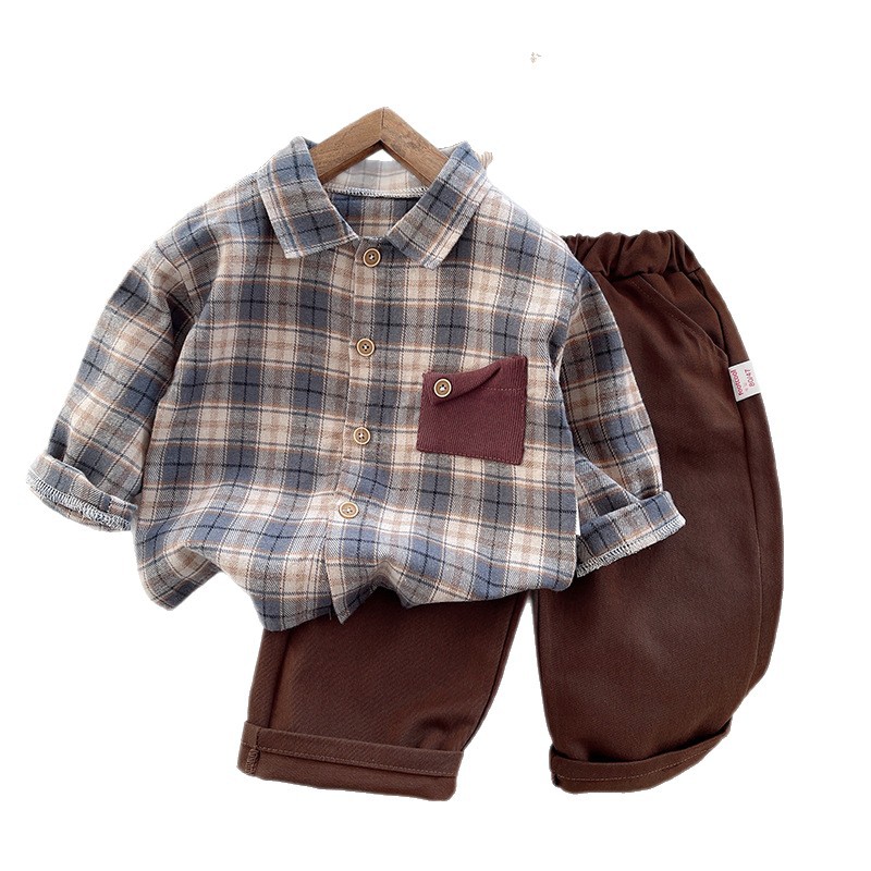 kids designer clothes 2025 Boys Shirt Set Long Sleeve Checkered Plaid Shirt with Contrast Pocket Trendy Autumn Kids Outfit