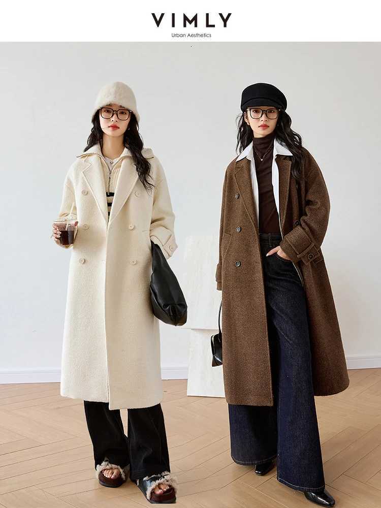 VIMLY Womens Casual Knit Woolen Coats Autumn 2025 Loose Double Breasted Long Sleeve Jacket Office Wear Ladies Outerwear M9832T251101