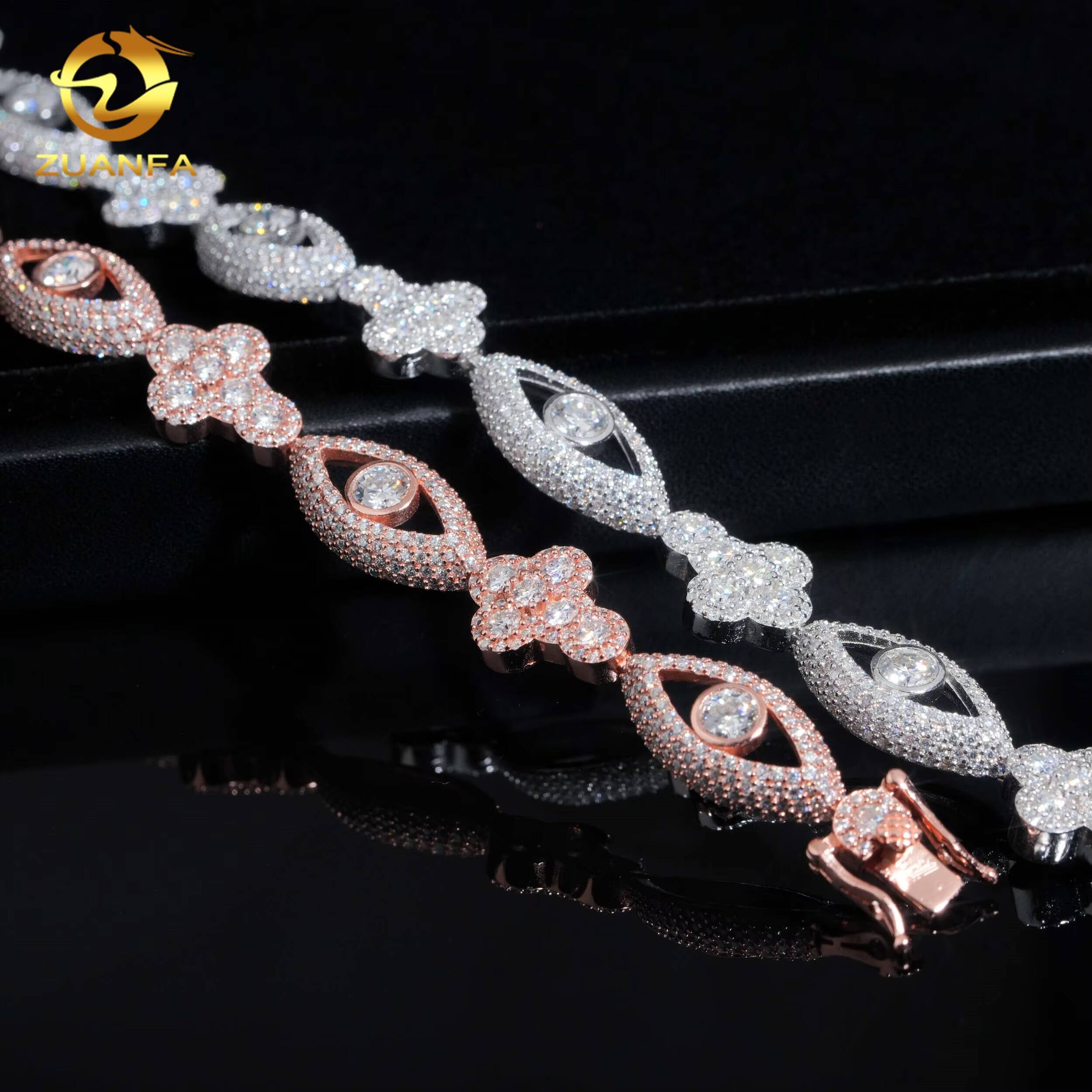 Perforated Design Evil Eyes Moissanite Bracelet 126mm Cross Cuban Link Chain 925 Sterling Silver Moissanite Cuban Link Bracelet