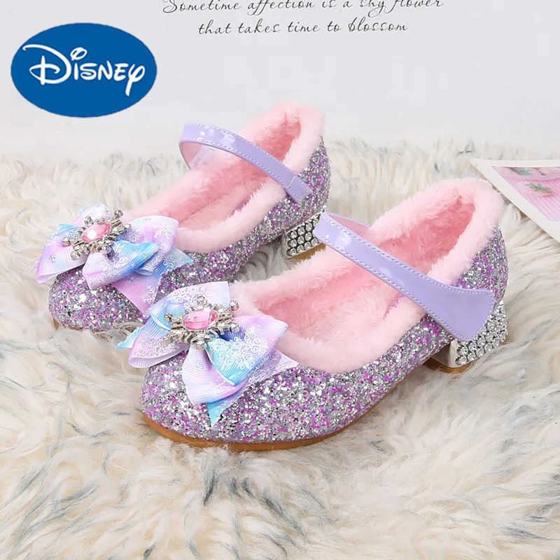 Disney Elsa Girls High Heel Bowknot Blue Pink Fashion Childrens Girl Crystal Princess Warm Winter Shoes Gift Size 2336 H251101
