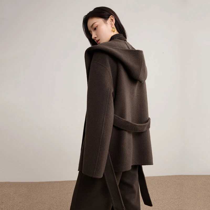 SENTUBILA Womens 100 Woolen Double Sided Coat 2025 Winter Hooded Bathrobe Loose jacket Versatile Fashion Outerwear W54OC2735T251101