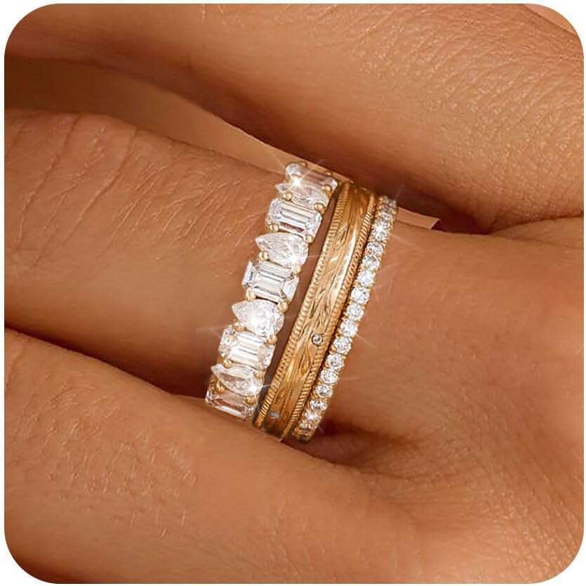 Stackable for Women Non Chunky 14K Plated that Don't Tarnish Engagement Cubic Zirconia Ring Set Stack Dainty Pinky Wedding Bands Thumb Rings Gold