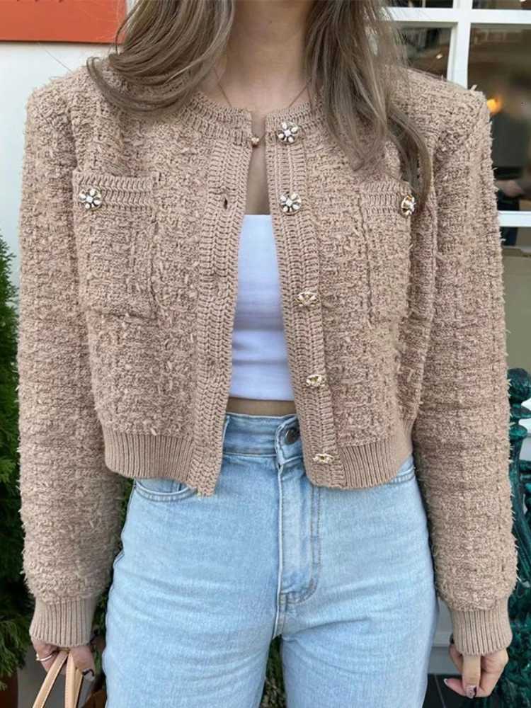 2025 Autumn Winter Casual Short Cardigan Women Knitted Coats Fashion Female Long Sleeve Knit Sweater Pocket Crop Tops CardigansT251101