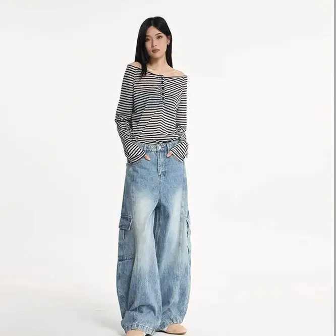 Americanstyle Washed LightningStitch Patchwork Oversized Pocket Workwear Pants Unisex Oversized Fit Denim Trousers Soft J251031
