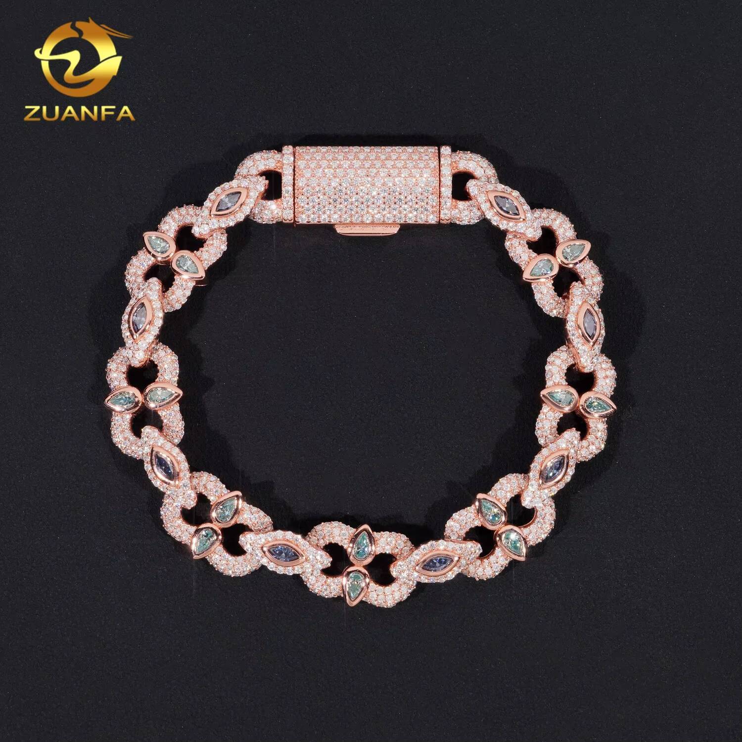 Fashion Color Moissanite Diamond Rapper Bracelet Hip Hop Jewelry Iced Out Unisex Moissanite Cuban Link Bracelet