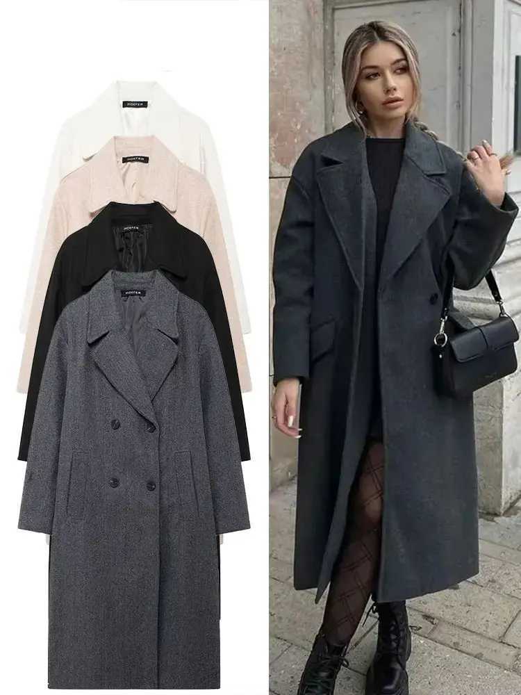 Winter Coat For Women 2024 Solid Lapel Double Breasted Long Cardigan Top Female Pokcet Streetwear Woman New In OuterCoatT251101