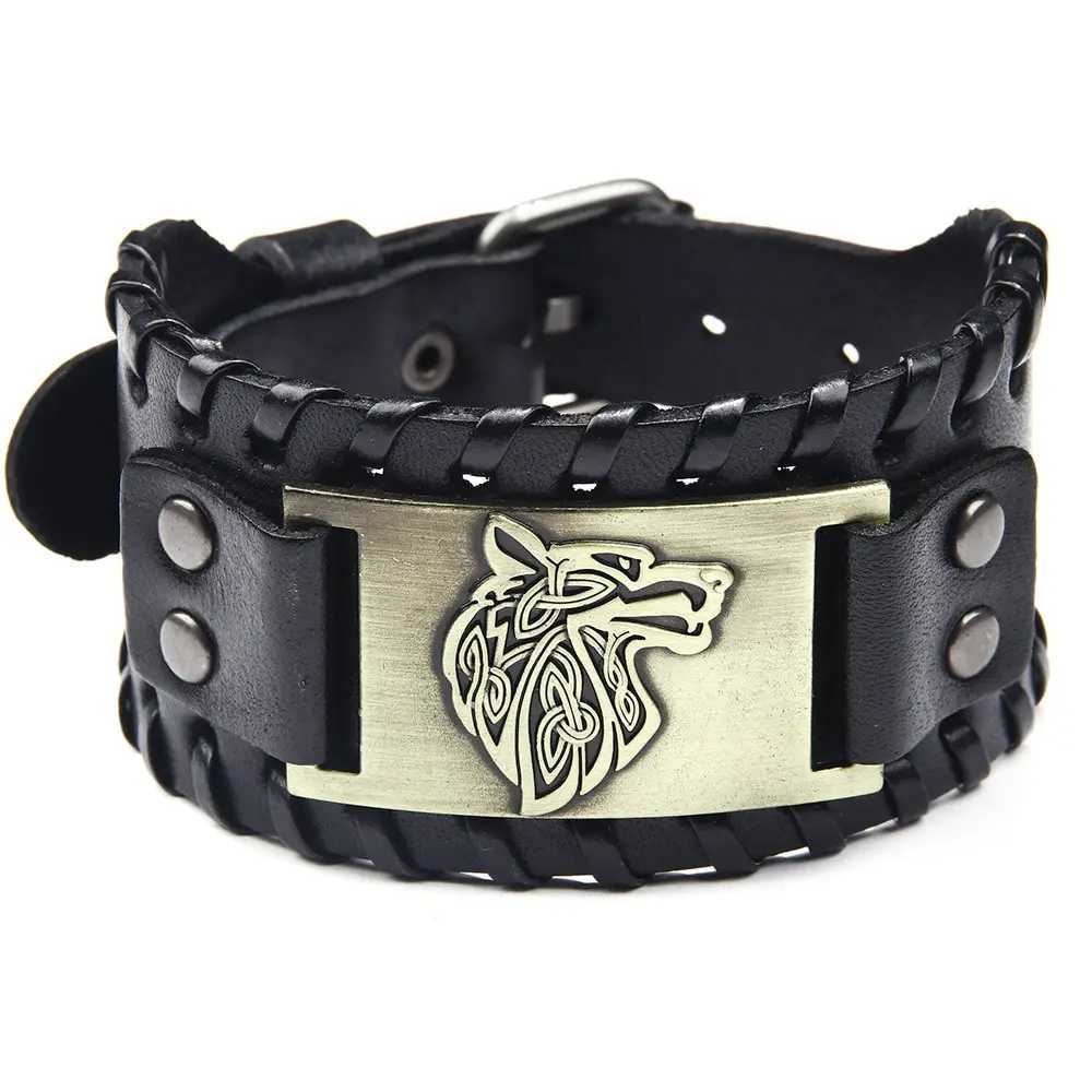 Vintage Viking leather woven bracelet for men Celtic wolf head bracelet classic animal pattern handmade jewelry accessories Y250329