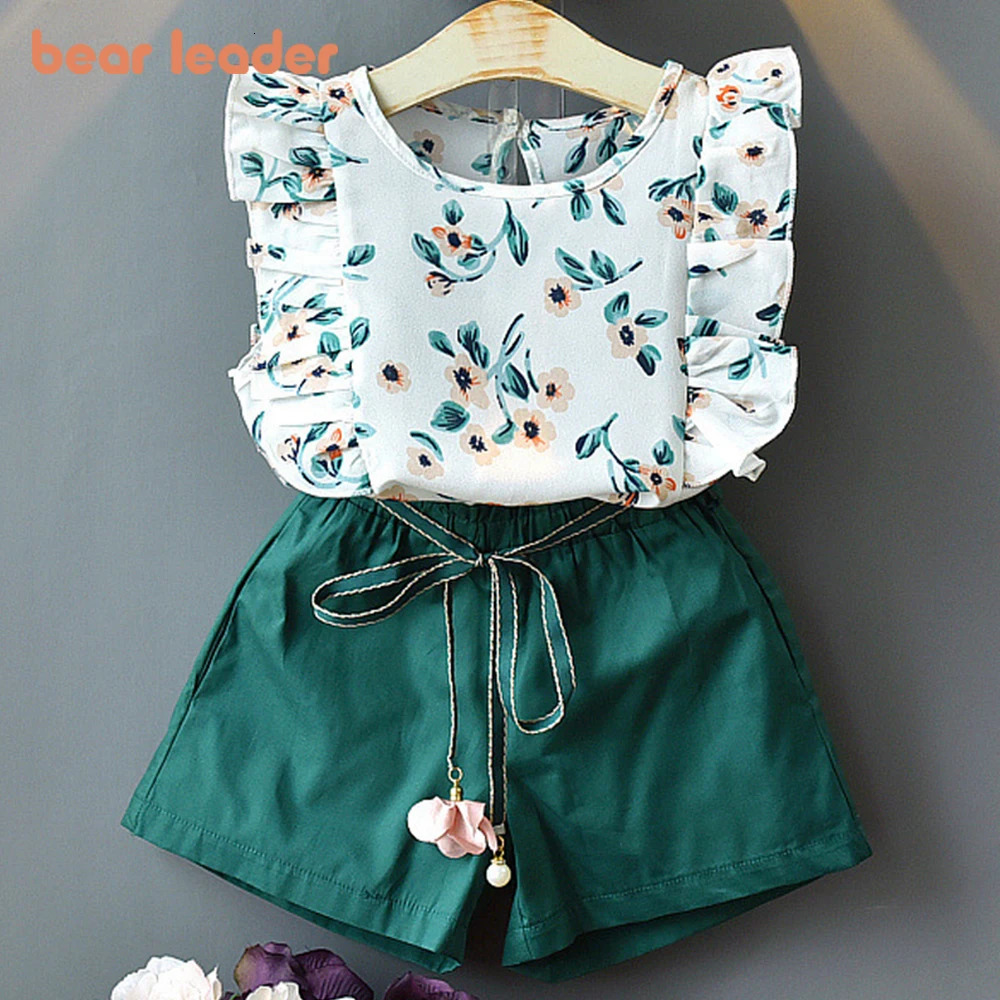 Bear collar childrens girls clothing fashion pendant flower bow baby girl shirtstriped shorts 2piece set 250325z