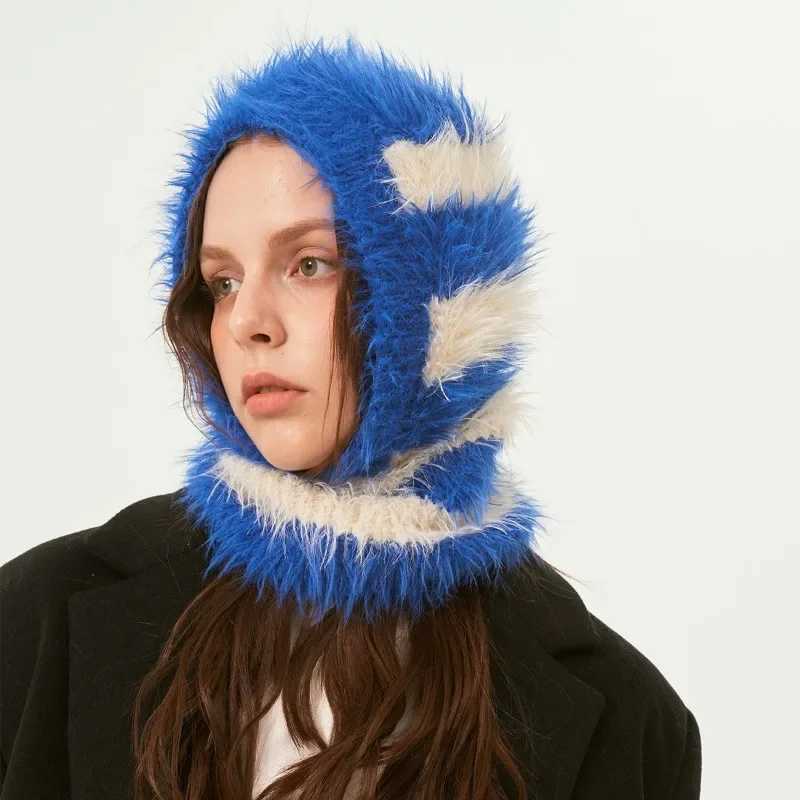 New Wool Blended Plush Balaclava Hat Contrast Color Fluffy Knitted Hat Women Winter Retro Neck Protector Mask Skullies BeaniesXJ251101