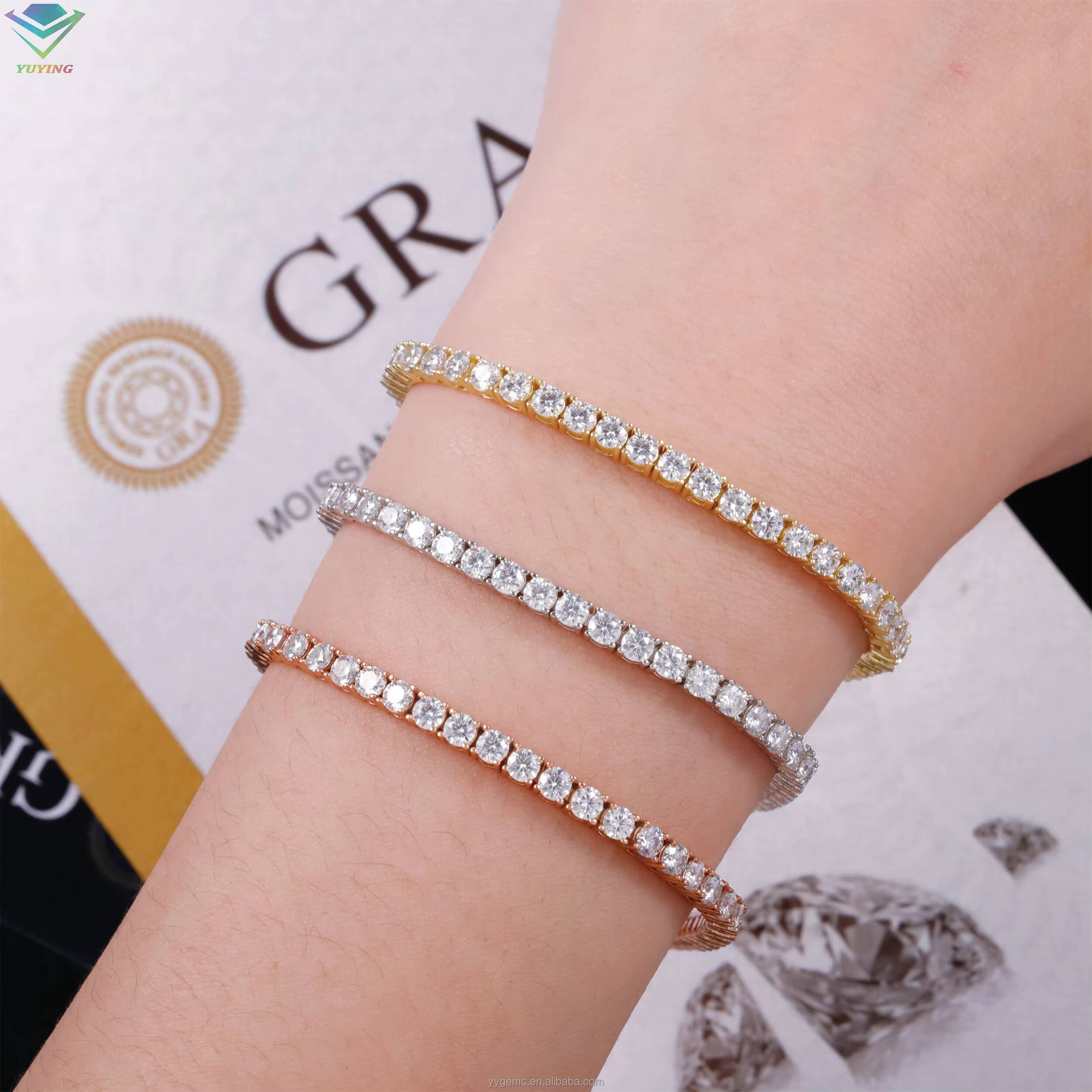 US in Stock Gold Plated Silver 3mm D Color VVS Moissanite Diamond Tennis Chain Bracelet With GRA Certificate