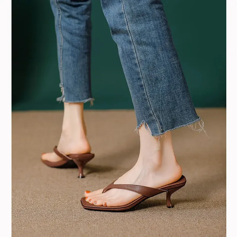 French square toe high-heeled shoes with slim heels summer fashion clip toe flip flops temperament kitten heel sandals 250401