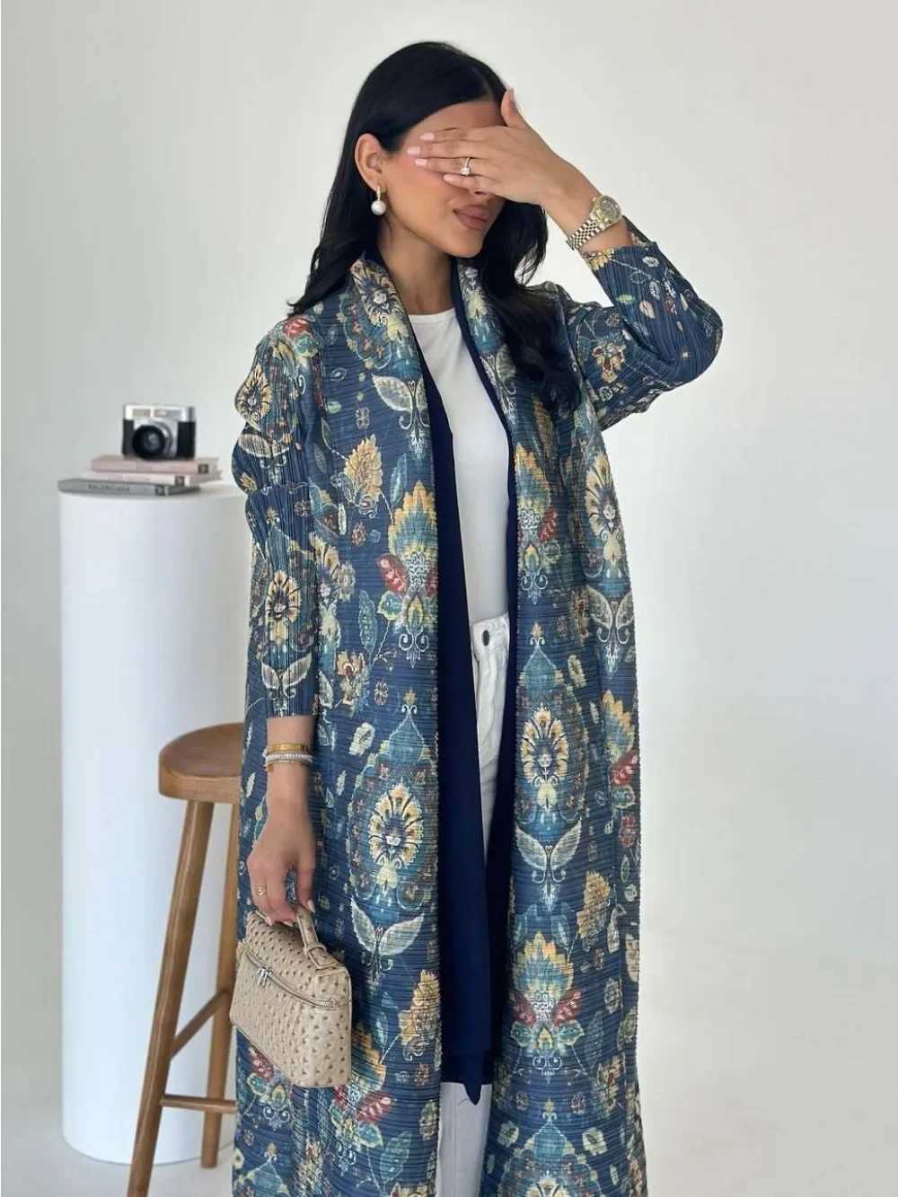 Slim pleated Abaya elastic open dress Eid al Fitr womens Maxi Ctan cardigan wool sweater printed in Dubai Ktan Islam Vestitos Jalabiya W250401