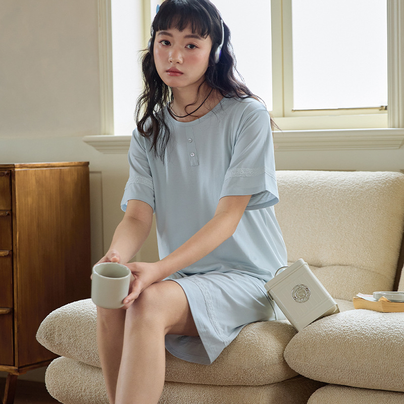 B90-Spring and summer round neck home clothes for women, mulberry silk short-sleeved shorts, loose suit, lace, high-end outerwear pajamas