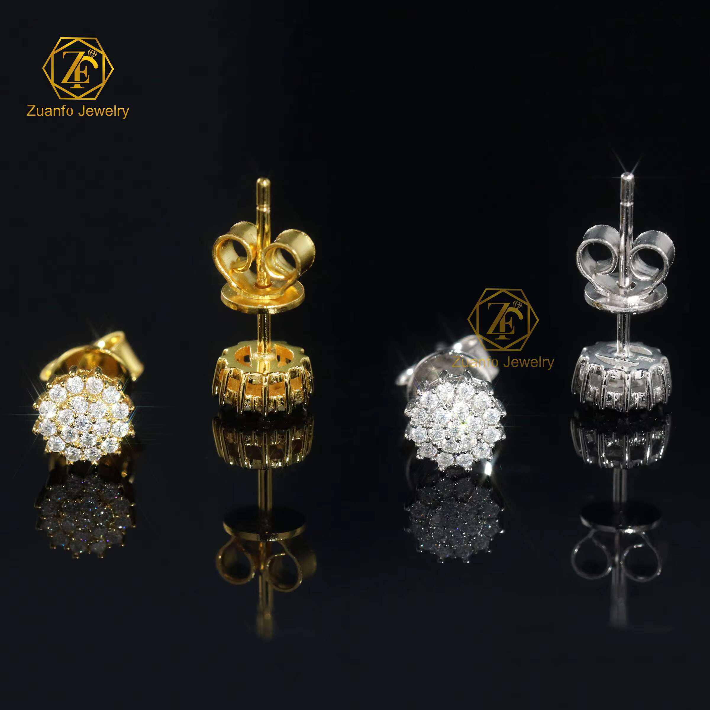 Hot Sale Pass Diamond Tester Hip Hop 925 Silver Gold Plated VVS Diamond Moissanite Flower Stud Earrings Cluster