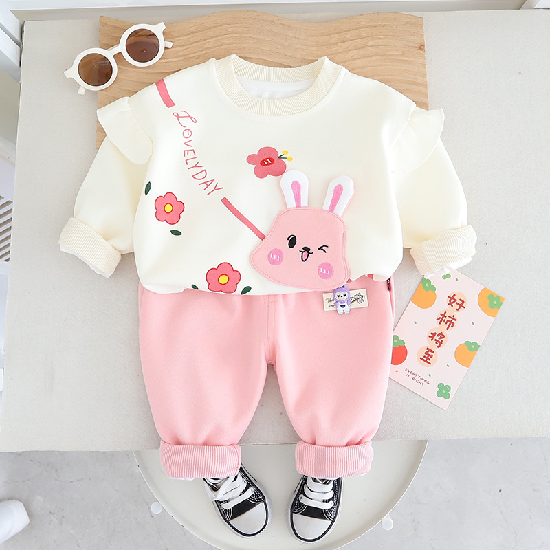girls clothes 2025 Girls Bunny Hoodie Set 2-Piece Cartoon Print Tracksuit Casual Sports Style Comfortable Spring Fall Outfit