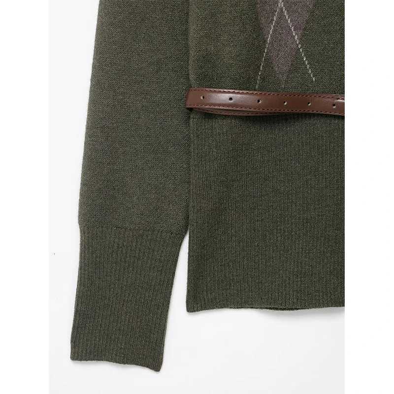 Womens Knit Cardigan Sweater Autumn Winter Fashion Argyle Belt Sweaters Vintage Female Outerwear Chic TopsT251101