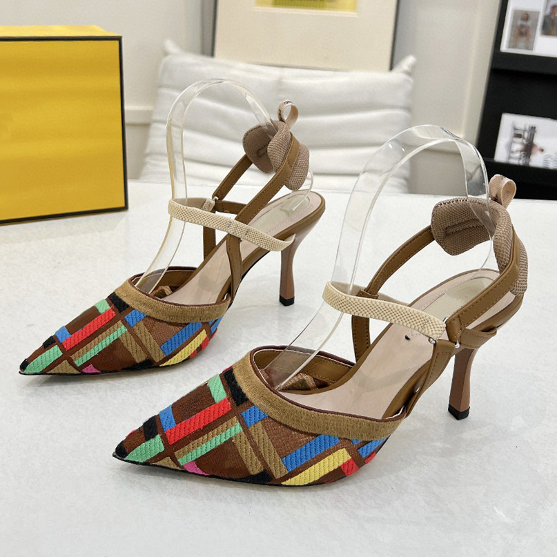 Classic jacquard Cloth High-heeled Sandals Pointed Toe Kitten Heel Fashion All-match Ladies Dress Shoes Luxury Designer Elegant Ladies Party Evening Shoes With box