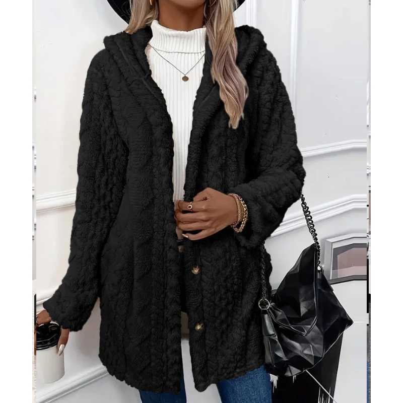 Autumnwinter Cardigan Plush Jacket Single Breasted Hooded Sweater Jacket Elegant Solid Medium Long Sweater Jacket for WomenT251101