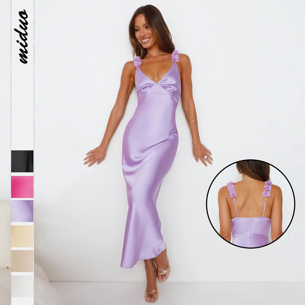 Summer New 2025 Fashion Evening Satin Style High end Three dimensional Decorative Flower Design Sense Dress for Women