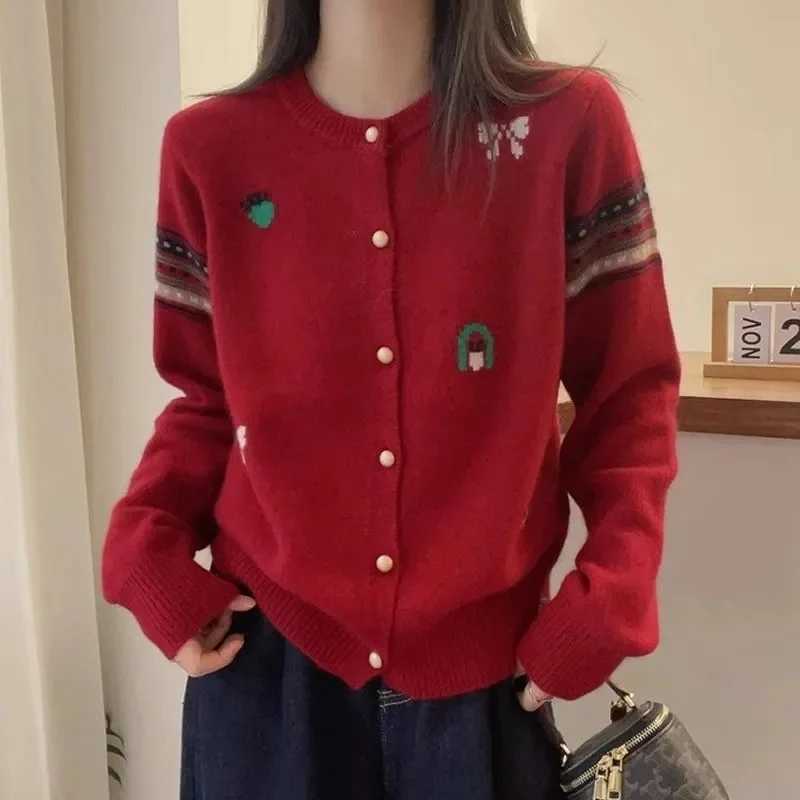 2025 Women Fashion Long Sleeves Knitted Coat Autumn Lady Casual Embroidery Sweater Jacket Korean Female Round Neck Knit CardiganT251101