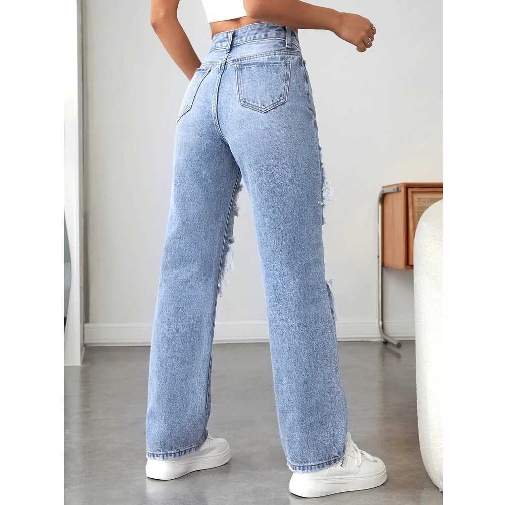 Women Straight Denim Jeans Ladies High Waist Ripped Hole Streetwear Baggy Pants J251031