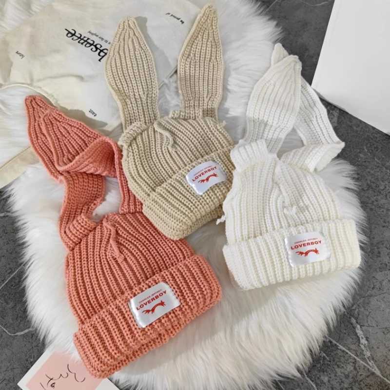 Rabbit Ears Knitted Woolen Hat Winter Thick and Warm Lambhair Ski Mask Beanie Hat for Women Balaclava Mask Beanies for WomenXJ251101