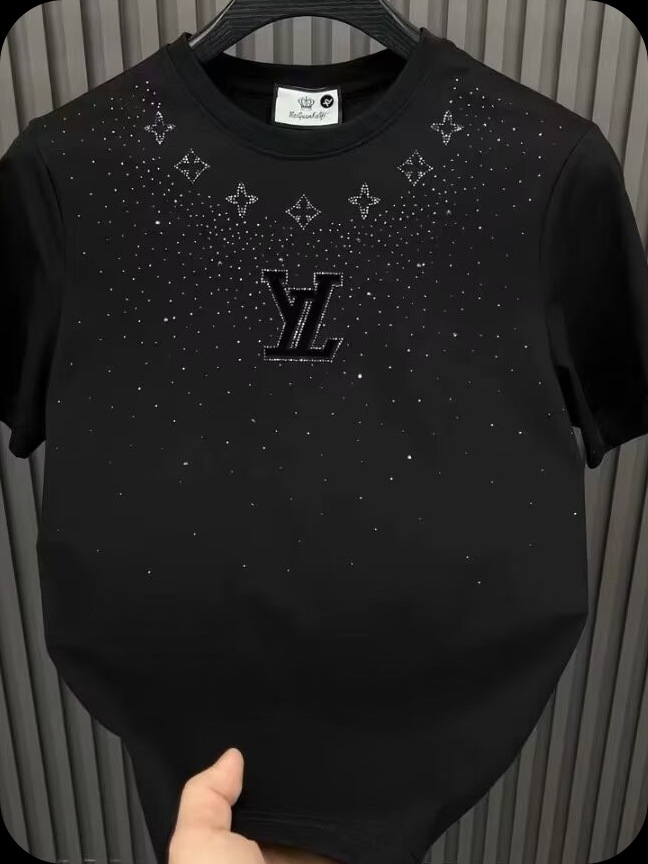 Designer clothing full of stars broken diamond short-sleeved men's fashion T-shirt with loose top half sleeved summer niche casual hot diamond T-