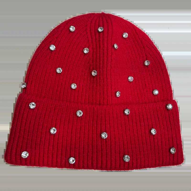 Womens Knit Beanie Winter Hat with Rhinestones Stylish Solid Color Warm Fleece Lined Cap for Cold WeatherXJ251101