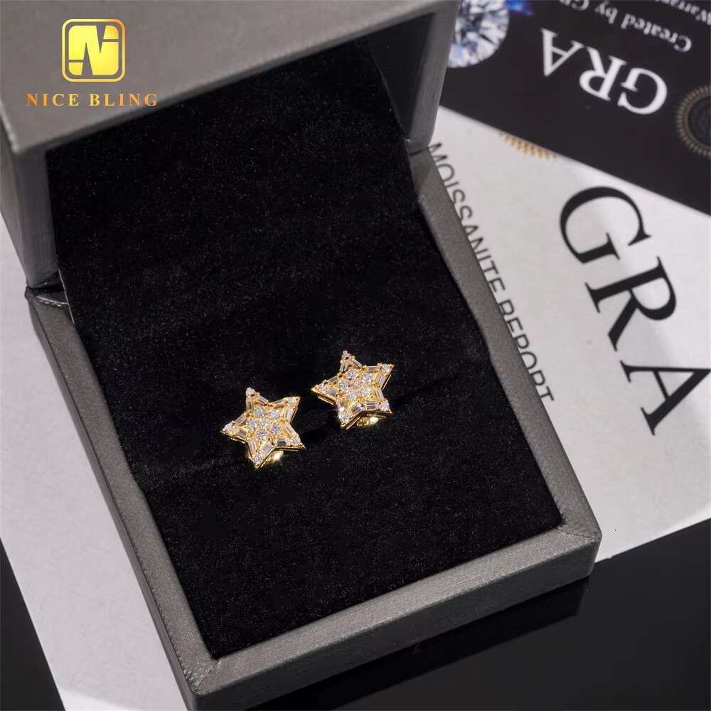 Hip Hop Jewelry Pass Diamond Tester Star Shape Baguette Diamond 925 Sterling Silver Moissanite Stud Earrings