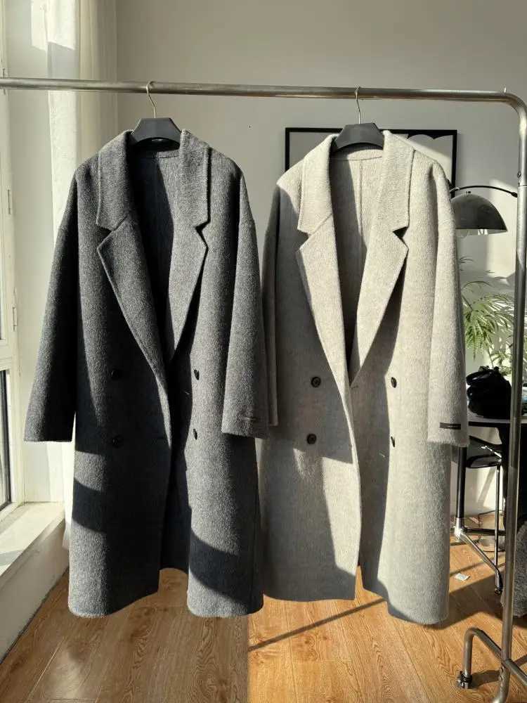 Office Lady DoubleBreasted Alpaca Woolen Jackets 2025 Autumn And Winter HighEnd Lapel Long Loose Womens Wool CoatsT251101
