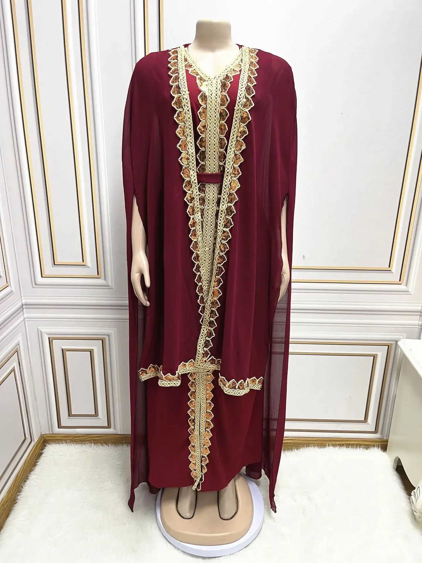 Ele Abayas for Women Dubai 2024 slim womens dress 2-piece set chiffon chlorine Sve Ktan Plus size party sequin robe W250401
