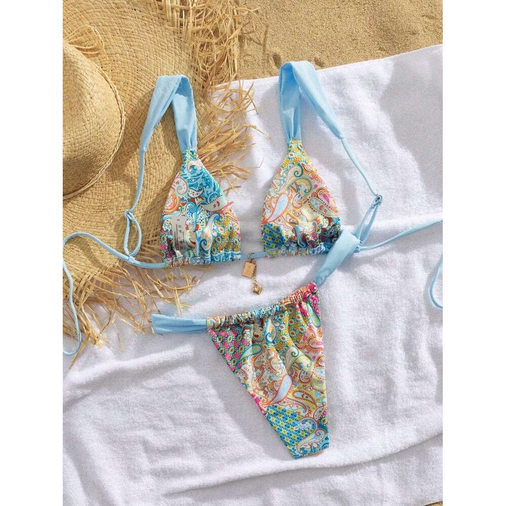 2025 New Fashionable Printed Seaside Sexy Split Swimsuit Bikini Female