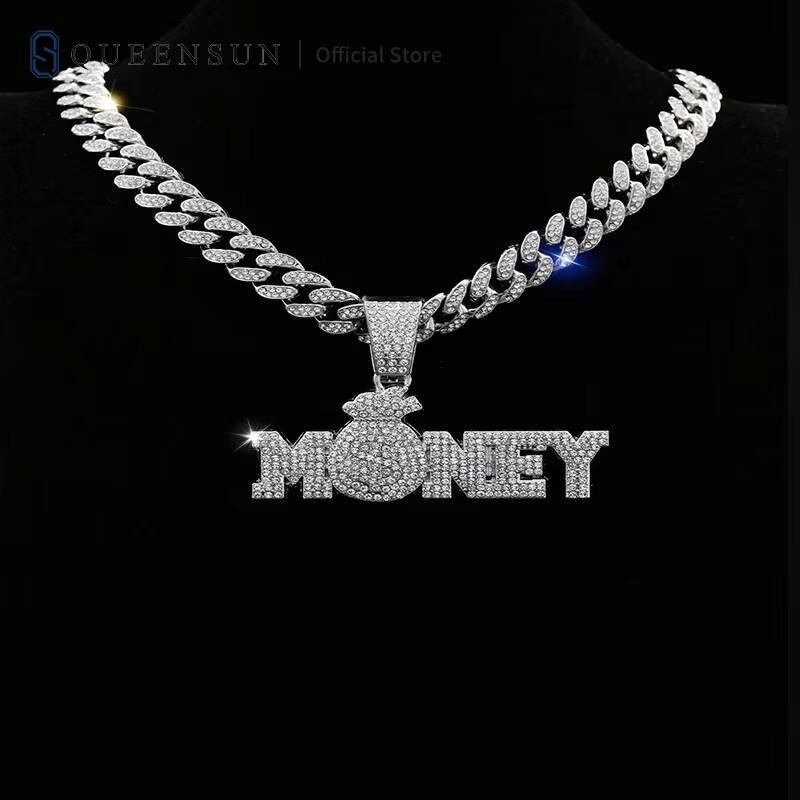 Queensun Mens Hip Hop Cuban Chain Pendant Necklace All Ice VVS Moissanite Cultivated Diamond Letter Pattern Hip Hop Jewelry