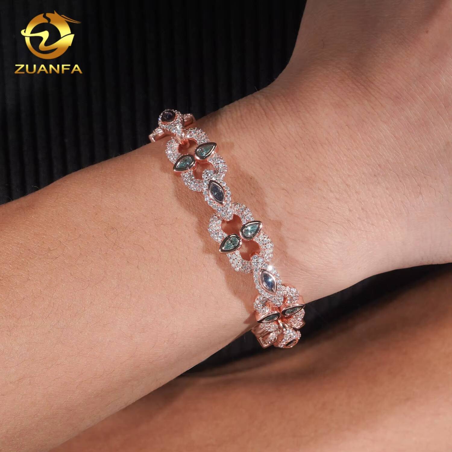 Fashion Color Moissanite Diamond Rapper Bracelet Hip Hop Jewelry Iced Out Unisex Moissanite Cuban Link Bracelet