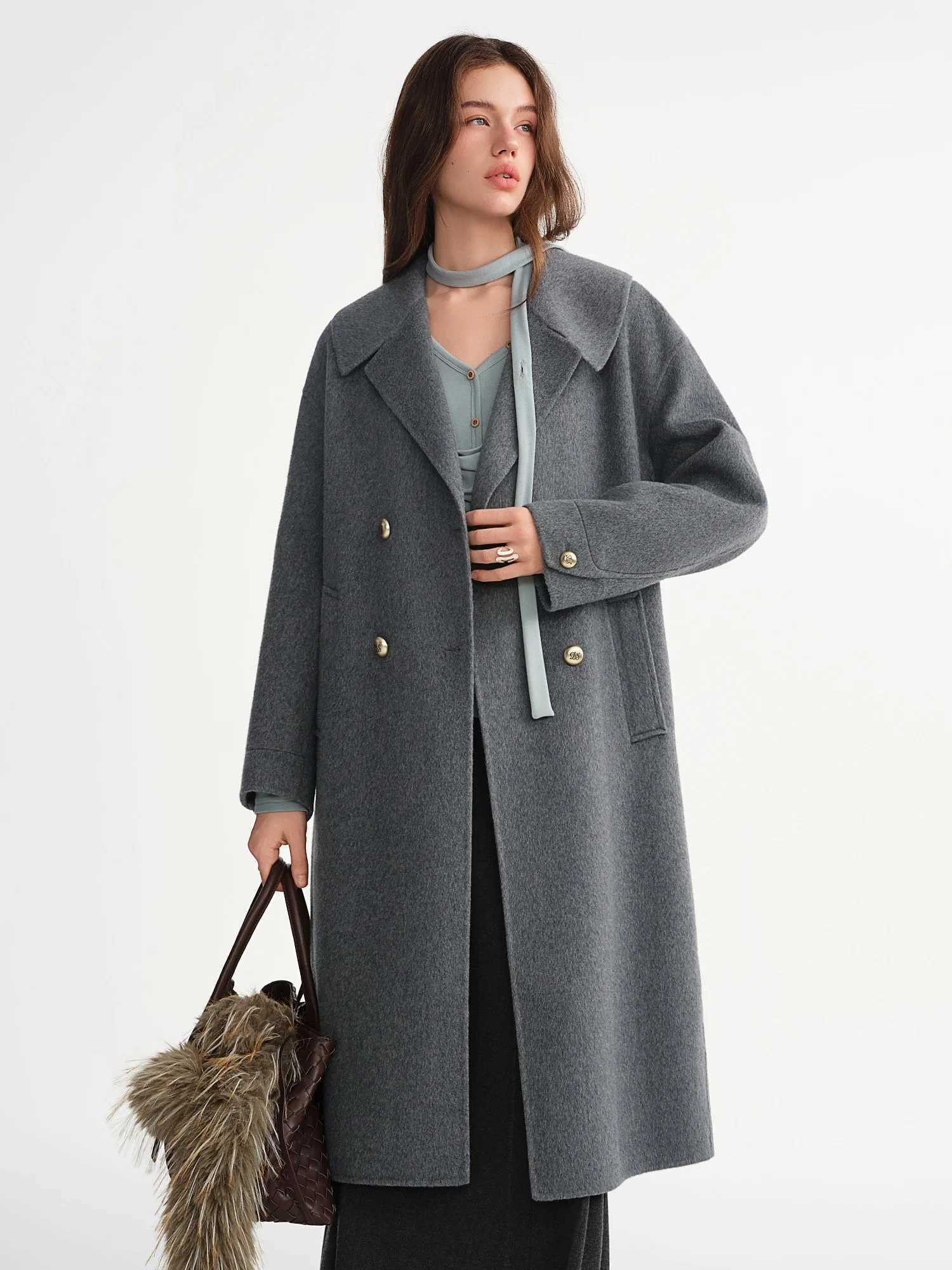 DUSHU 2025 Winter Womens Notch Lapel Double Breasted Wool Blend Coat New Arrival Casual Elegant Outerwear with Comfort FitT251101