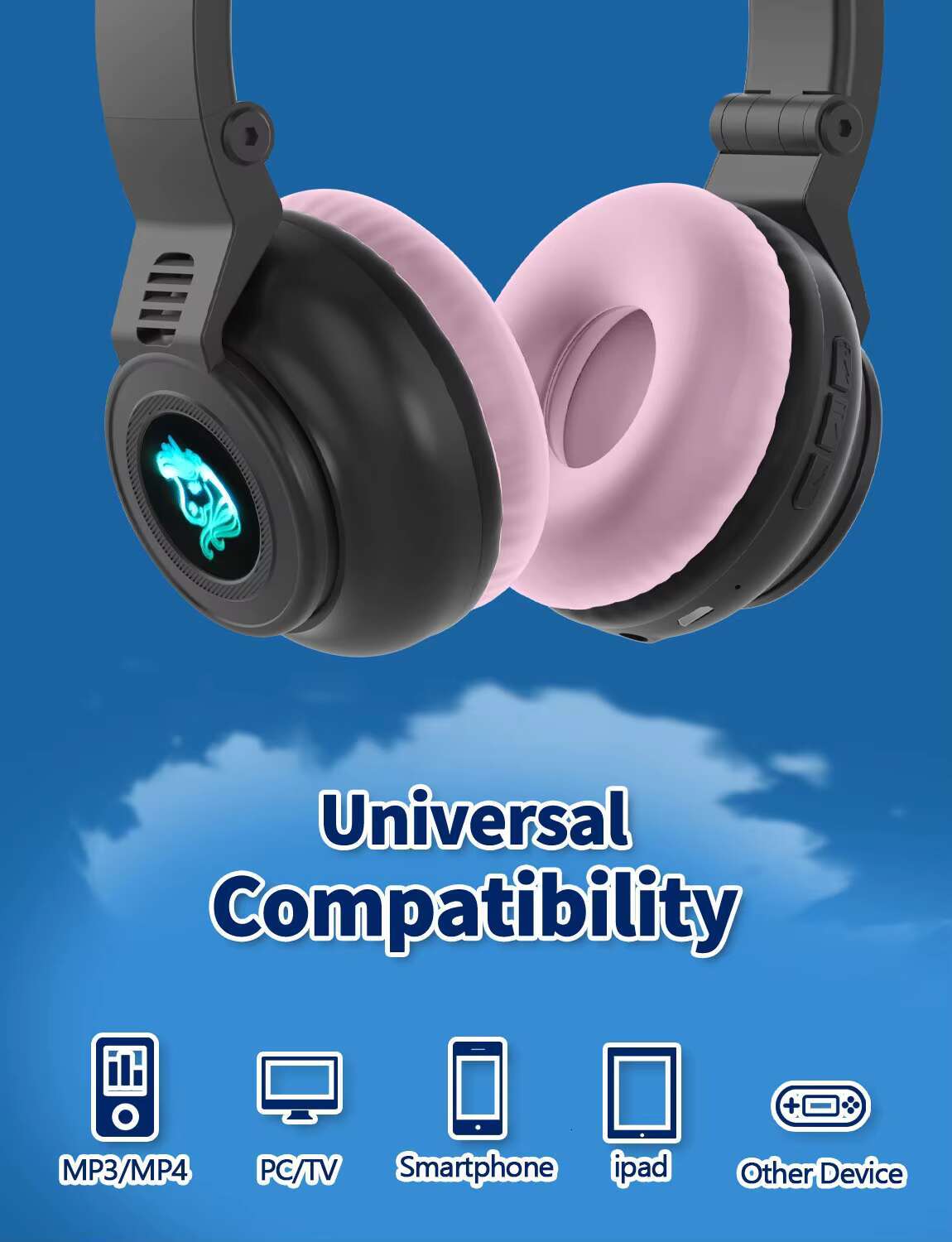 YUSONIC Cute Kitty Ear Design Unicorn Black Pink Wireless Over-Ear Headphones Girls with Ears for Mobile Phone Use