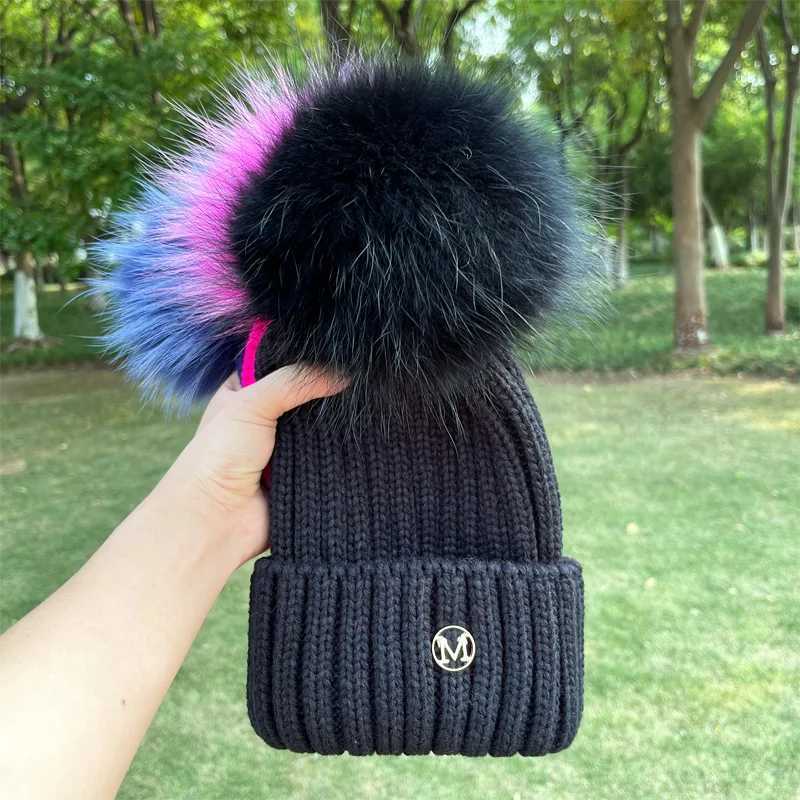 2023 Winter Female Natural Fur Pom Poms hat Winter Hat For Women Girl s Hat Knitted Beanies Cap Hat Thick Women SkulliesXJ251101