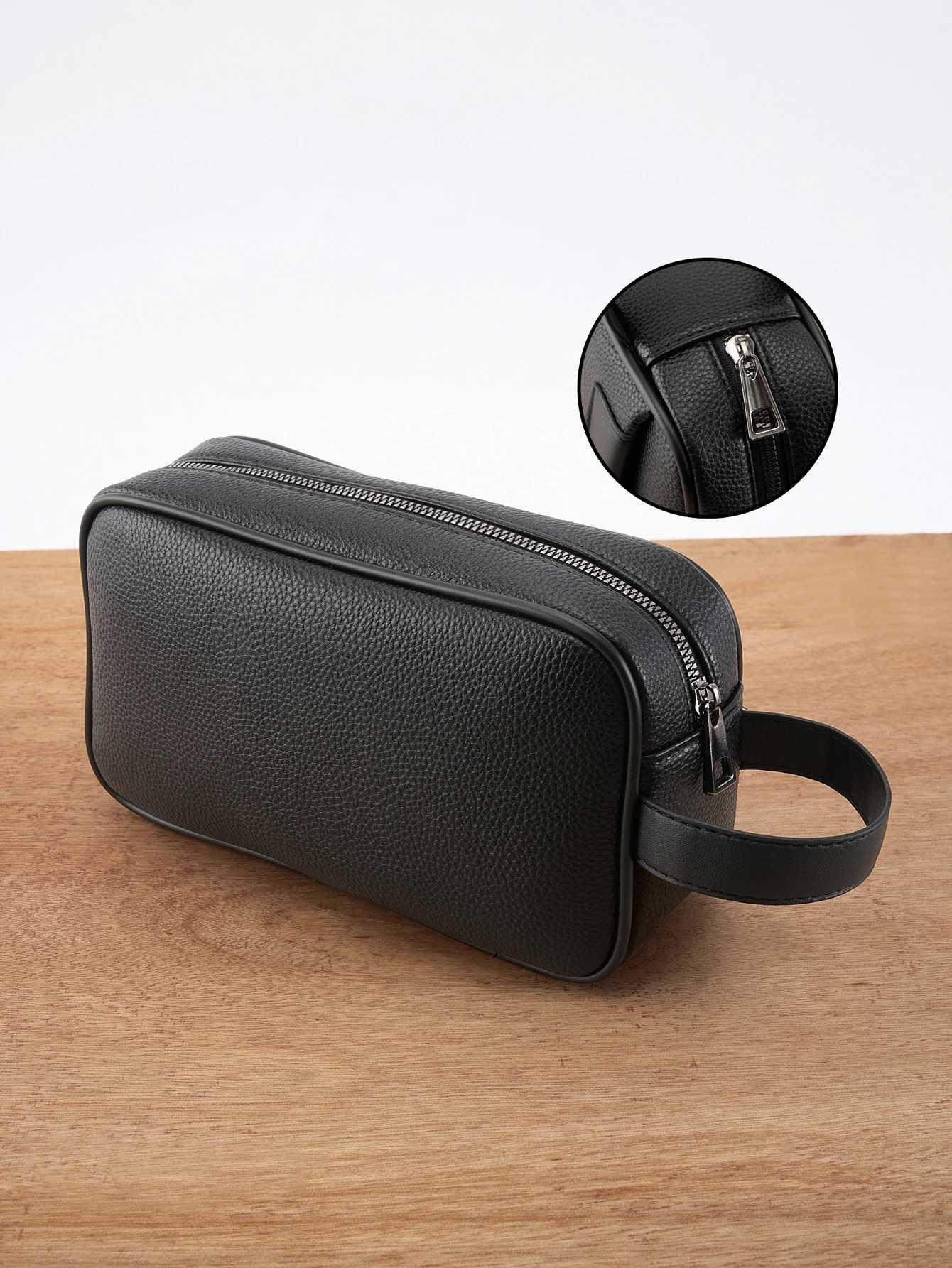 Mens PU Leather Hand Carry Bag Lightweight Textured Design w Detachable Wrist Strap Zippered Pocket Organizer Fits EssentiaW251101