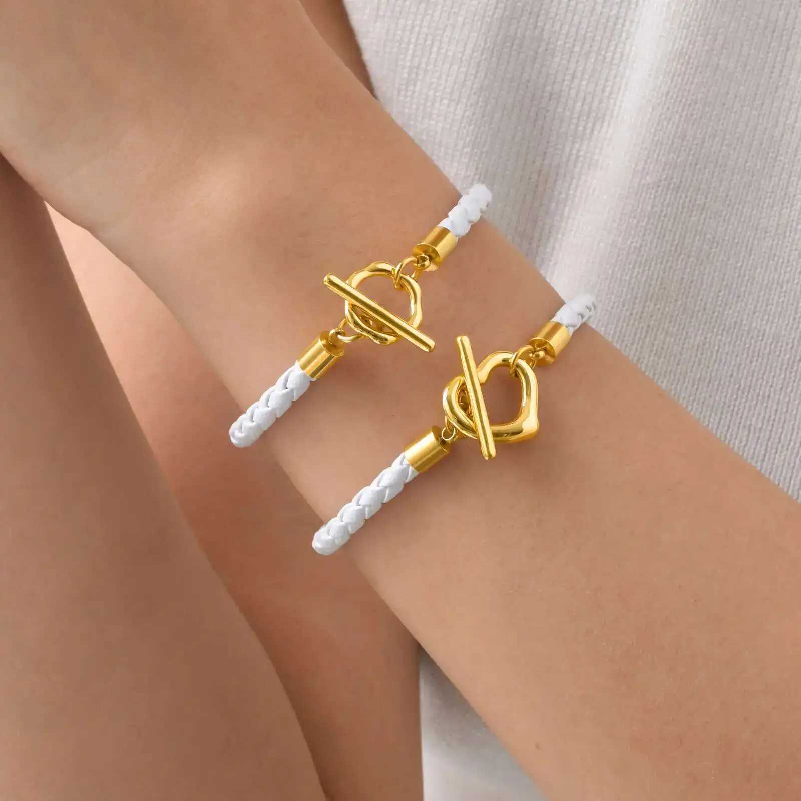 Prjewel Fashion Knitted Leather Bracelet White Rope Stainless Steel Gold OT Lock Bracelet Womens Jewelry Mothers Day Gift Y250329