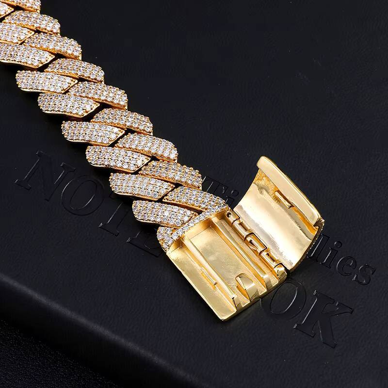Hip Hop Gold Filled Link Bracelet Chain Set 19MM 3 Rows Diamond Cuban Choker Necklace Mens Miami Iced Out Moissanite Prong Cuban Chain